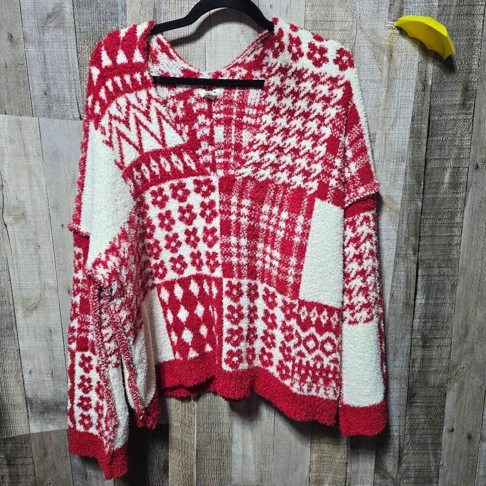 POL Chenille Red White Oversized Patchwork Sweater - image 1